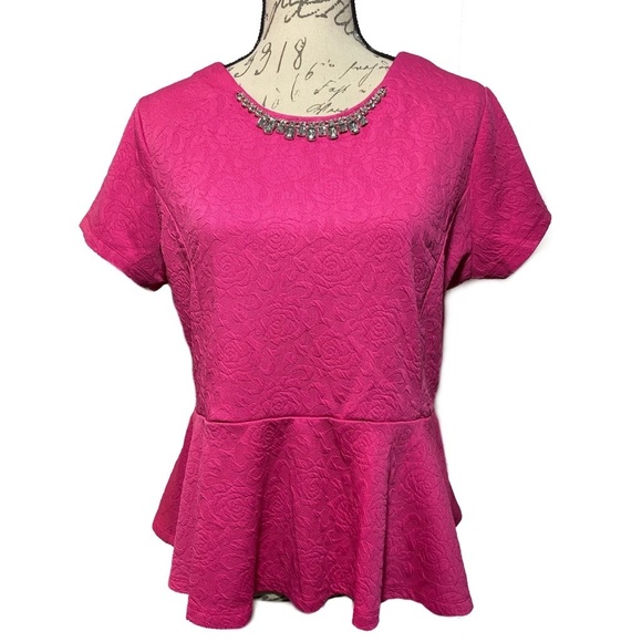 Doublju Tops - DOUBLJU Ladies Jewel Embellished Textured Peplum Top Pink Size XXL